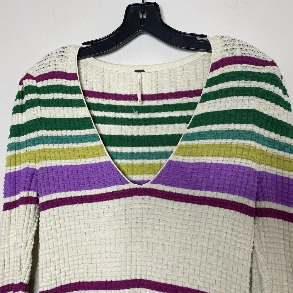 Free People XS Gidget Knit Sweater Dress V-Neck Long Sleeve Ivory Combo Striped